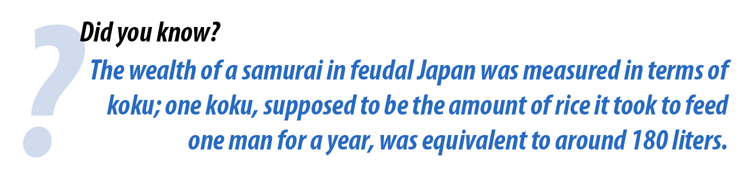 The wealth of a samurai in feudal japan was measured in terms of koku; one koku, supposed to be the amount of rice it took to feed one man for a year, was equivalent to around 180 liters