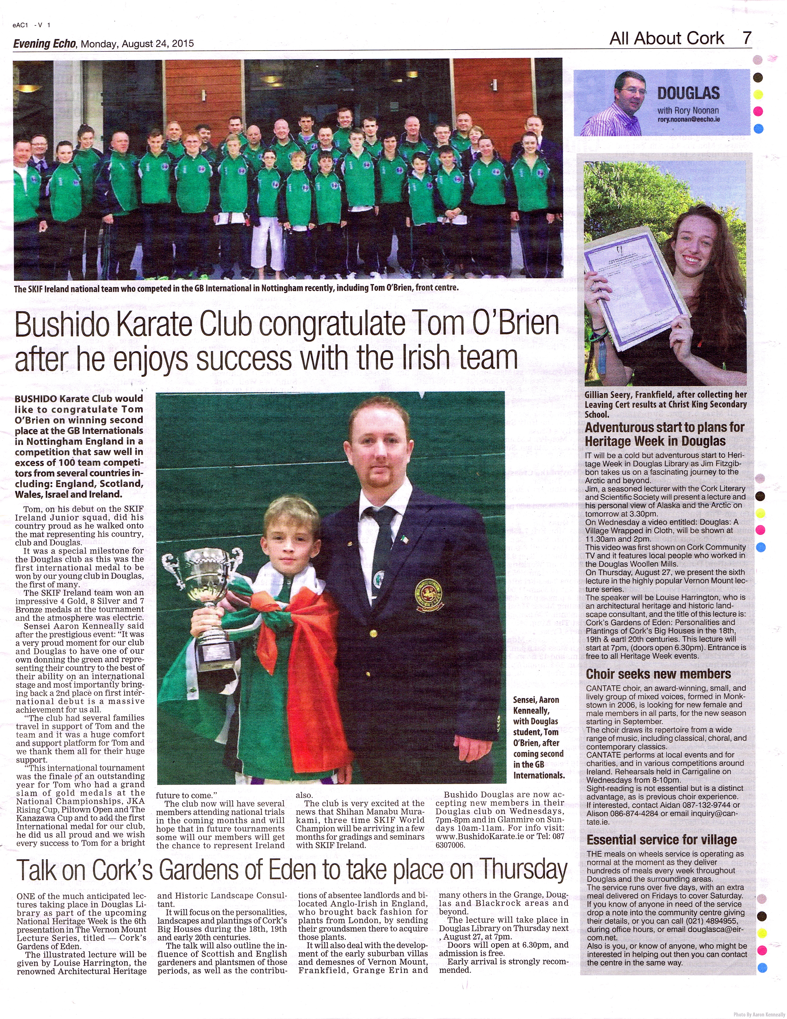 Evening Echo Feature - Bushido Karate Club congratulate Tom O'Brien after he enjoys success witht the Irish Team